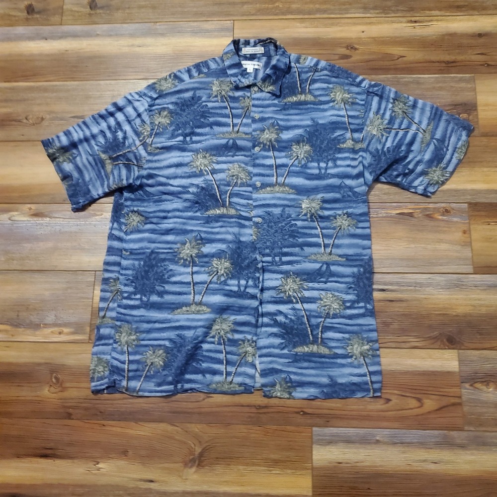Vtg 90s Pierre Cardin Mens LARGE Rayon Hawaiian Tropical Palm Tree Camp Shirt